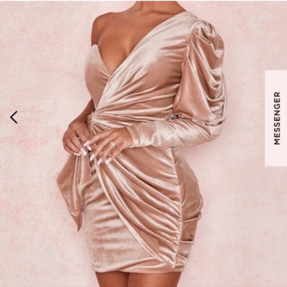 HOUSE OF CB Tamara One Shoulder Velvet Mini Dress - Nude Size L NWT - Picture 2 of 5